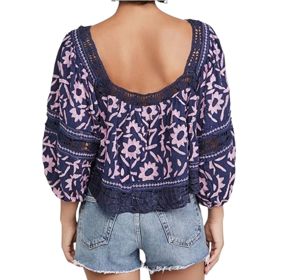 Free People Soleil Embroidered Crop Top Navy/Pink Bohemian Sz XS (oversized) - Picture 2 of 7